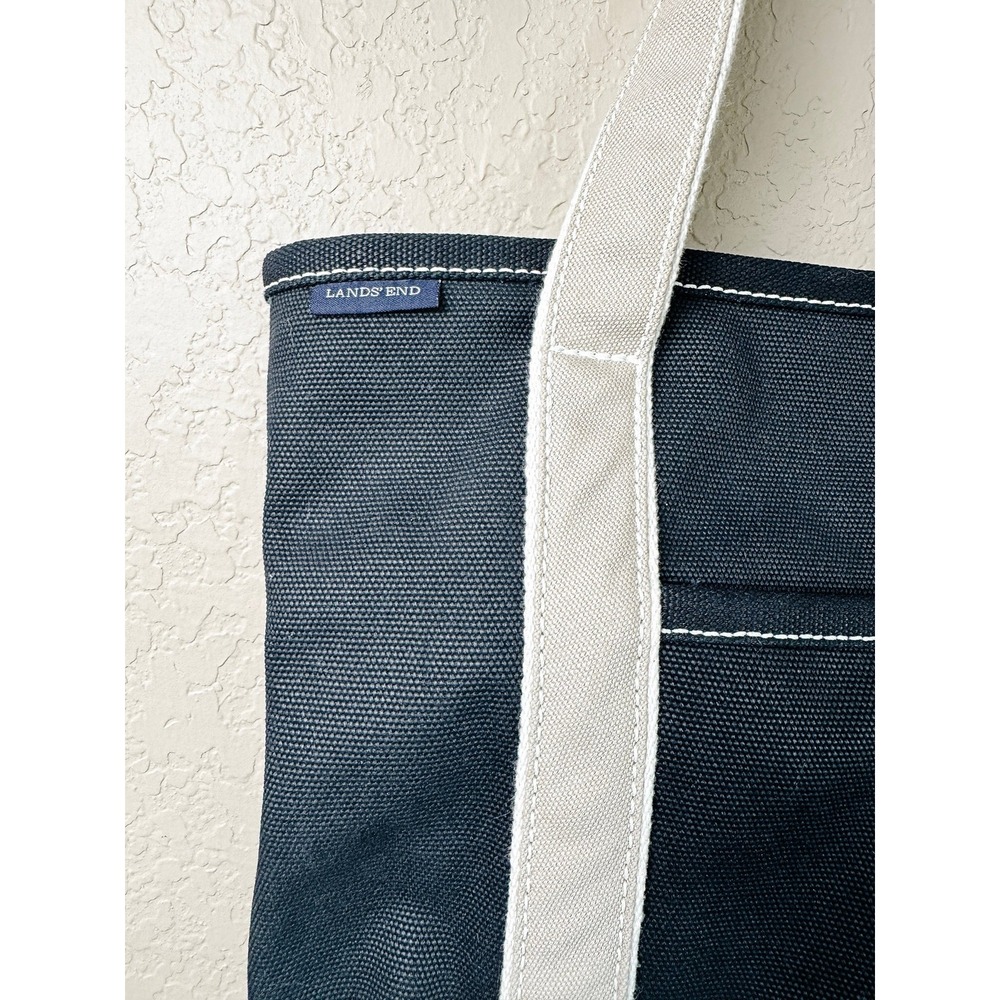 Lands' End Zip Top Boat Tote Canvas Black Natural Large Travel Work Beach Bag - Picture 2 of 15